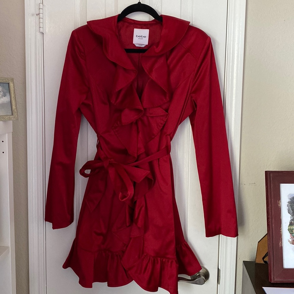 Red Satin like Bebe frill jacket. Size large.
